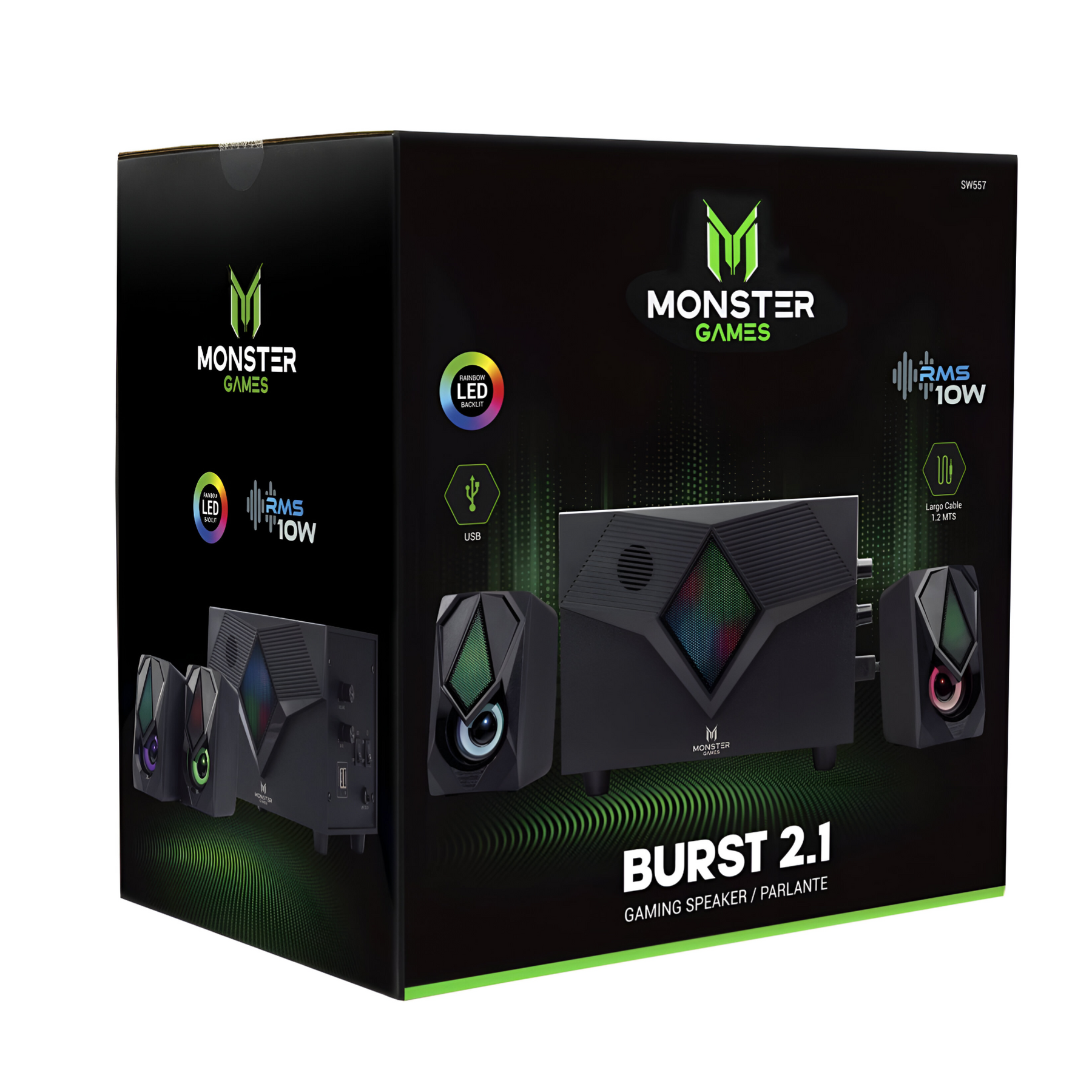 Subwoofer USB Monster 10W RMS Audio Stereo 2.1 RGB SW557