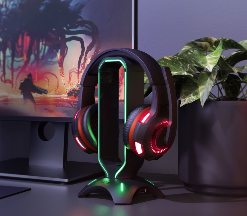 Soporte Stand Gamer RGB para Audífonos Trust Gxt 265 + HUB