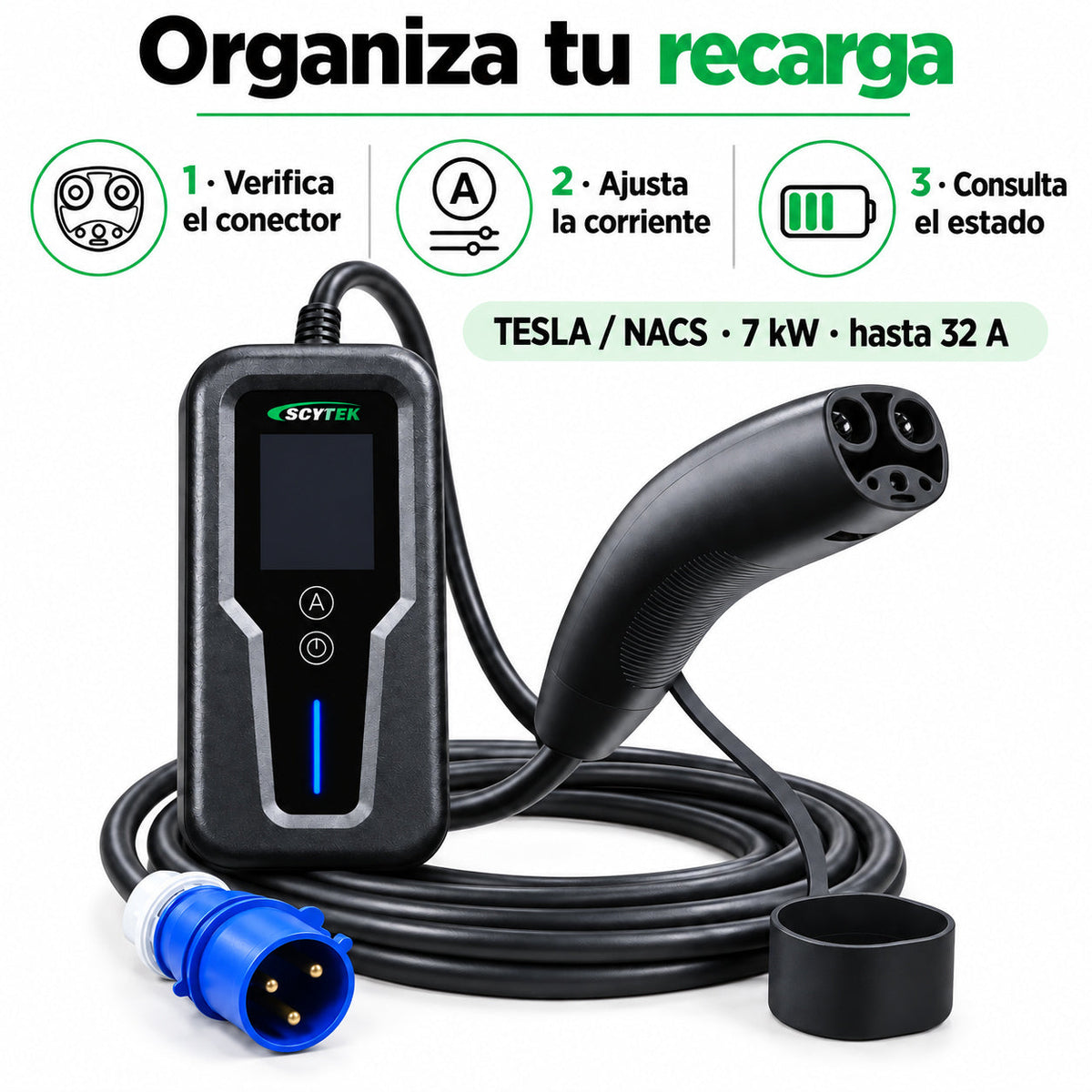 Cargador Auto Eléctrico Portátil Tesla NACS 7kW 32A