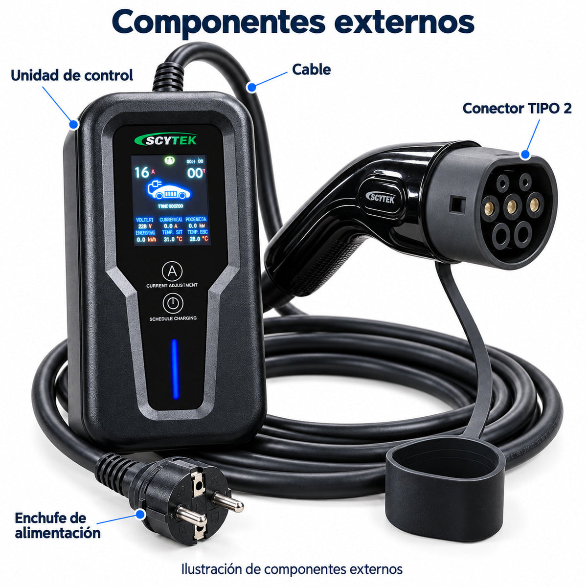 Cargador Auto Eléctrico Portátil Tipo 2 3,5kW 16A