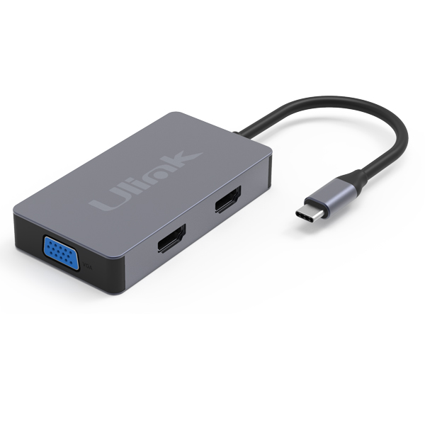 Hub Adaptador Type-C (5en1) 4K HDMI X2/ VGA/ Type-C/ USB 3.0