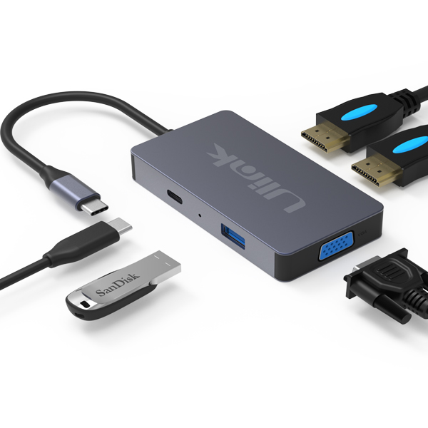 Hub Adaptador Type-C (5en1) 4K HDMI X2/ VGA/ Type-C/ USB 3.0