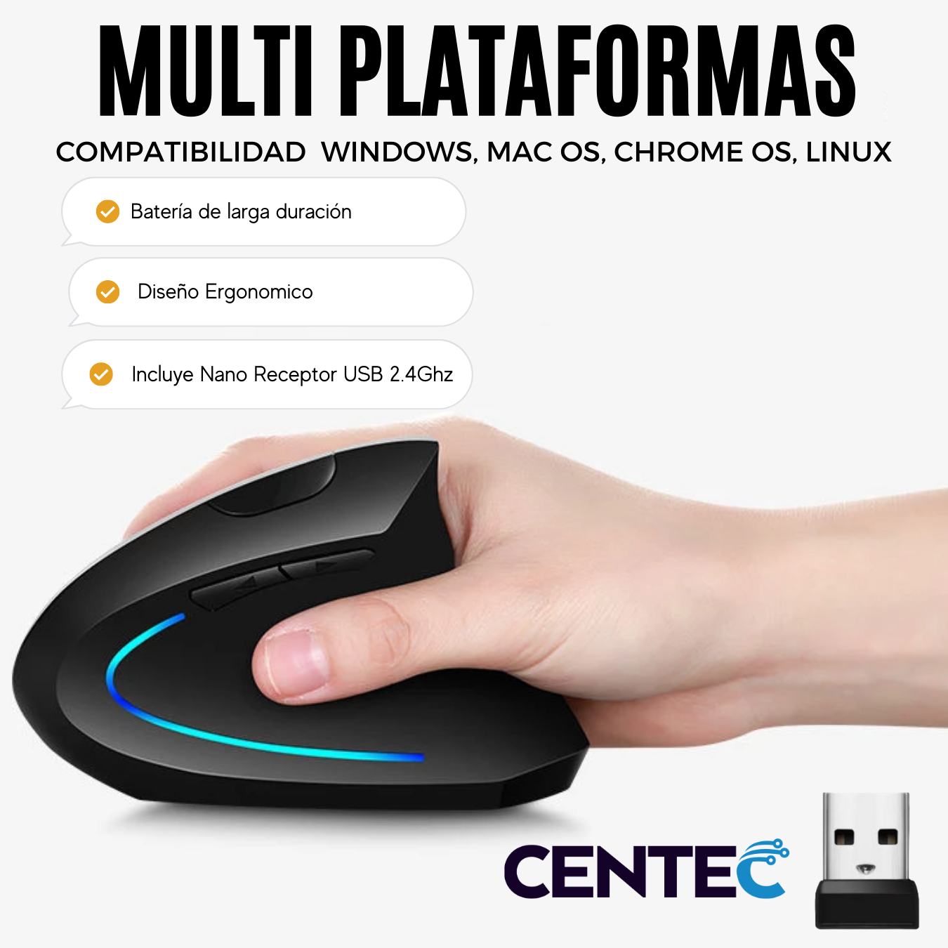 Mouse Vertical Inalámbrico Ergonómico Recargable 2.4 Ghz Pro