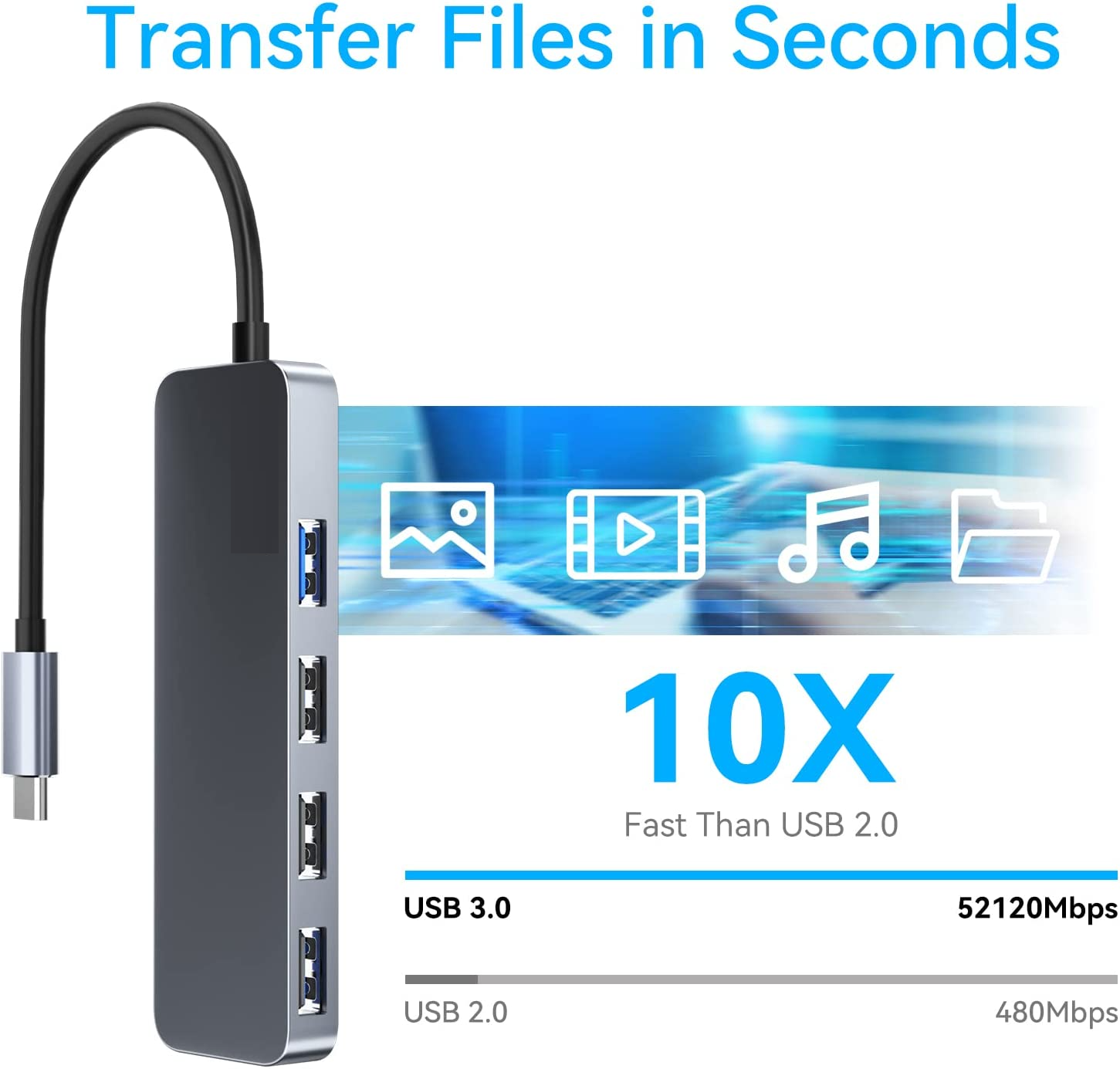 Hub USB-C 3.0 High Speed 5 Gbps Aluminium Flat 4 Puertos USB