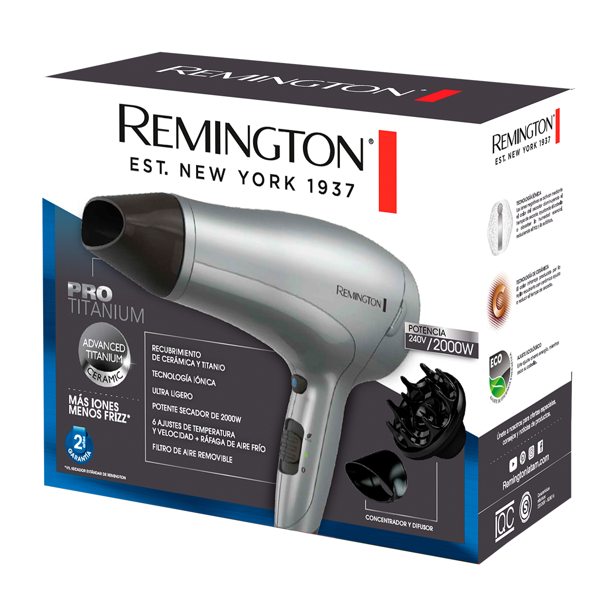 Secador De Pelo Remington Titanium D3019 2000W + Ionizador
