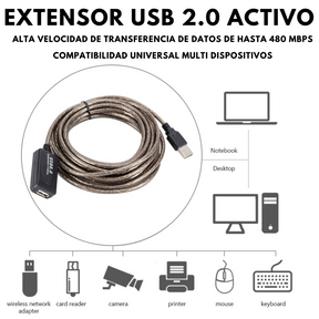 Extensión USB 2.0 Activa de 10Metros Reforzado 480Mbps GC529