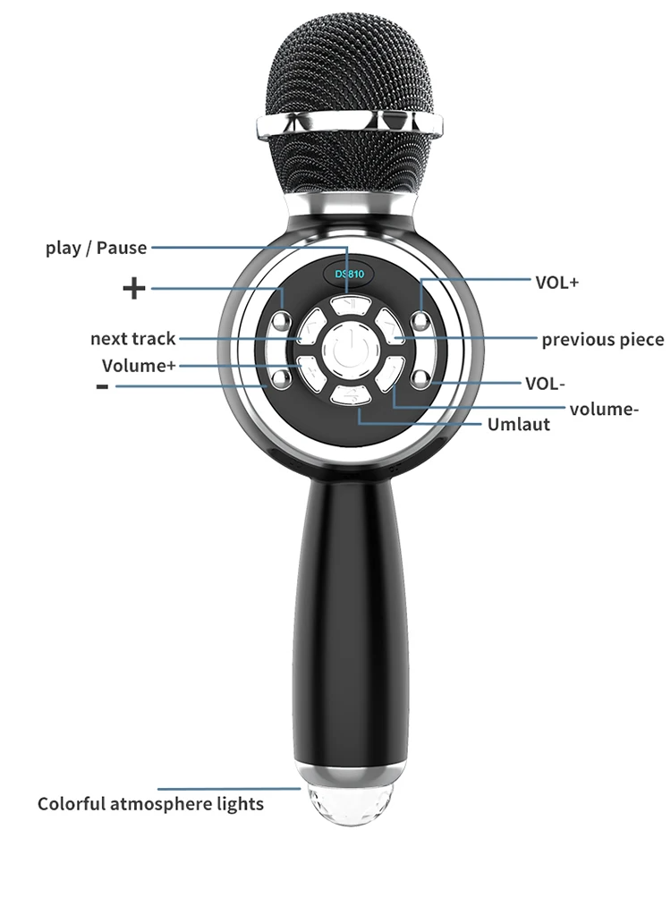 Micrófono Parlante Karaoke BT TWS con Luces Recargable Black