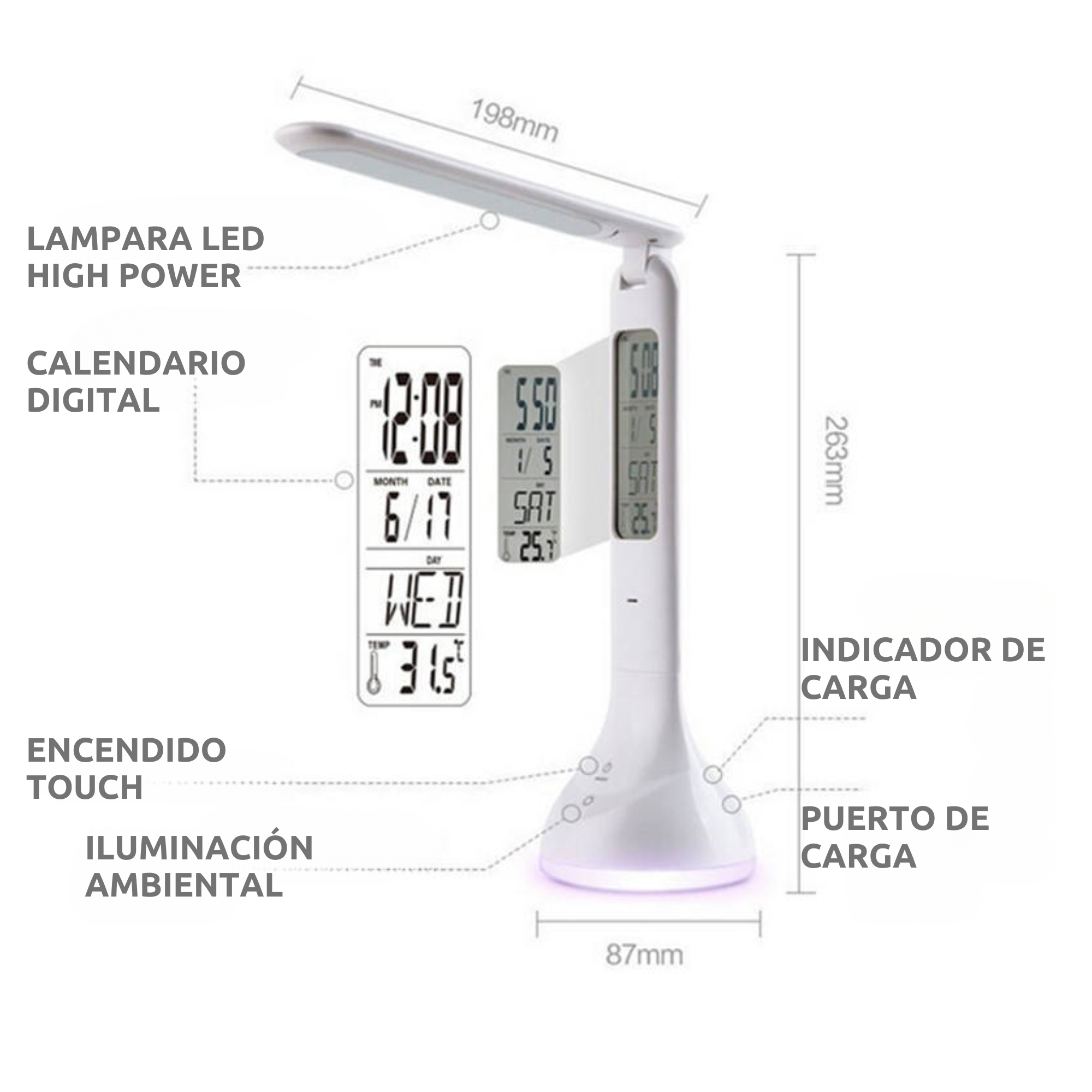 Lampara de Escritorio LED Recargable Touch con Reloj DL368