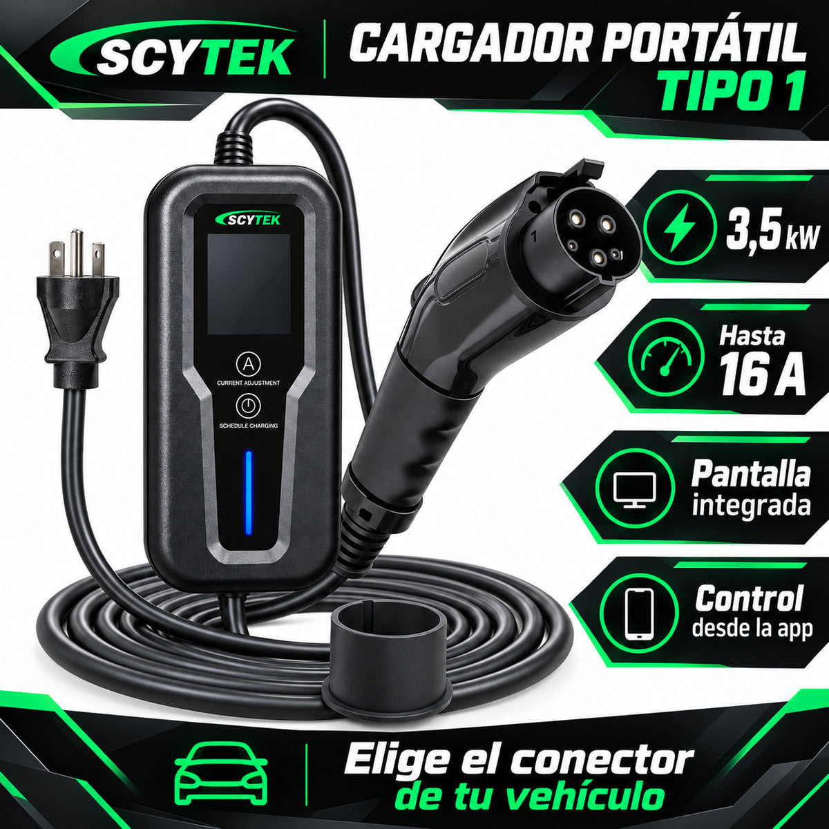 Cargador Auto Eléctrico Portátil Tipo 1 3,5kW 16A