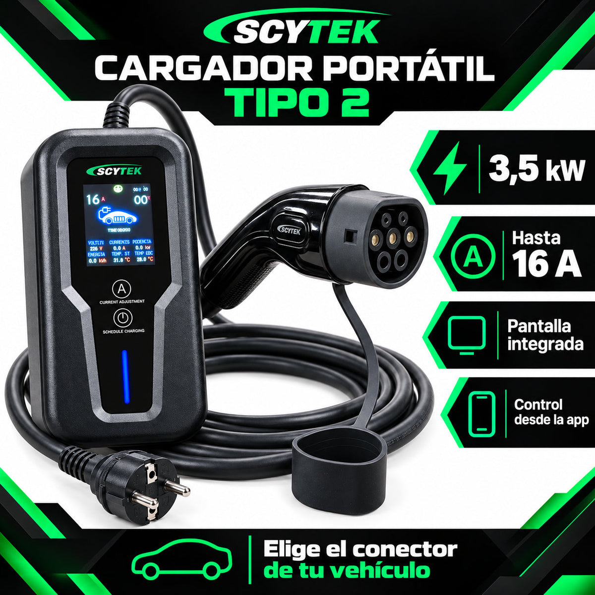 Cargador Auto Eléctrico Portátil Tipo 2 3,5kW 16A