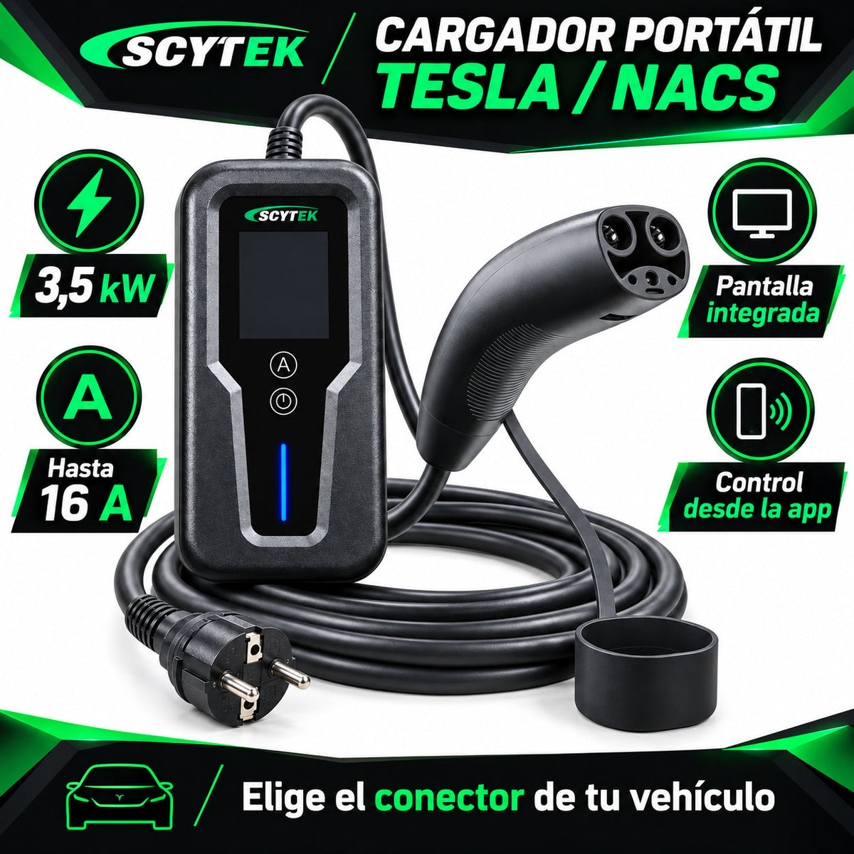 Cargador Auto Eléctrico Portátil Tesla NACS 3,5kW 16A