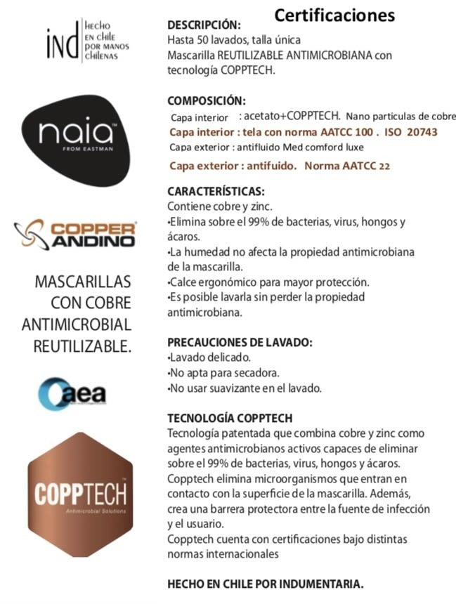 Mascarilla Facial Reutilizable De Cobre  Blanco Talla S