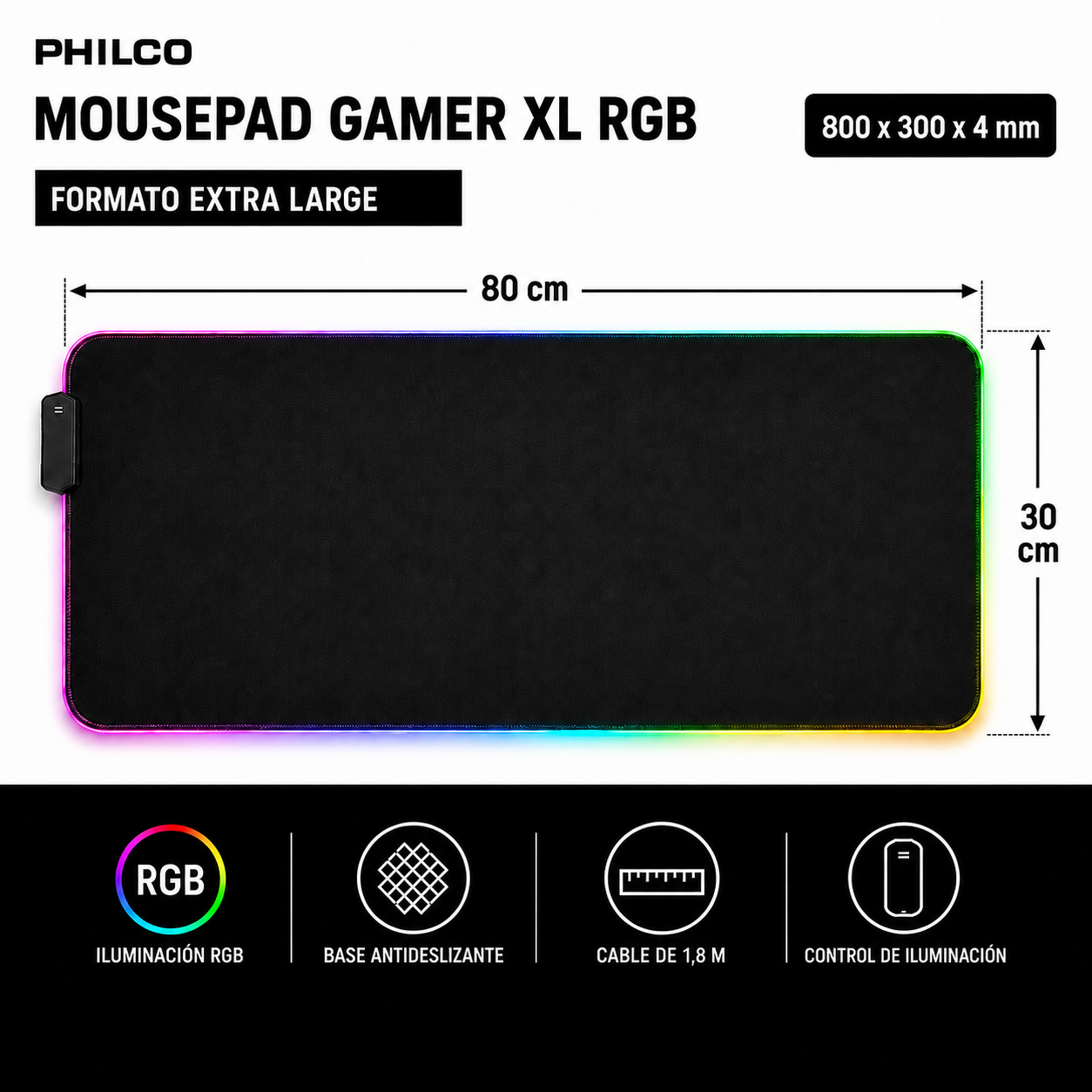 Mousepad Gamer Extra Large RGB Multipropósitos 800x300mm