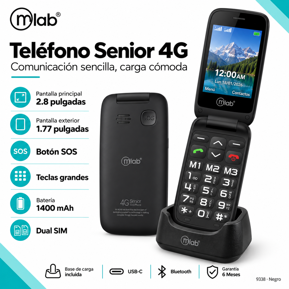 Teléfono Senior Adulto Mayor 4G Almeja con Base de  Carga BK