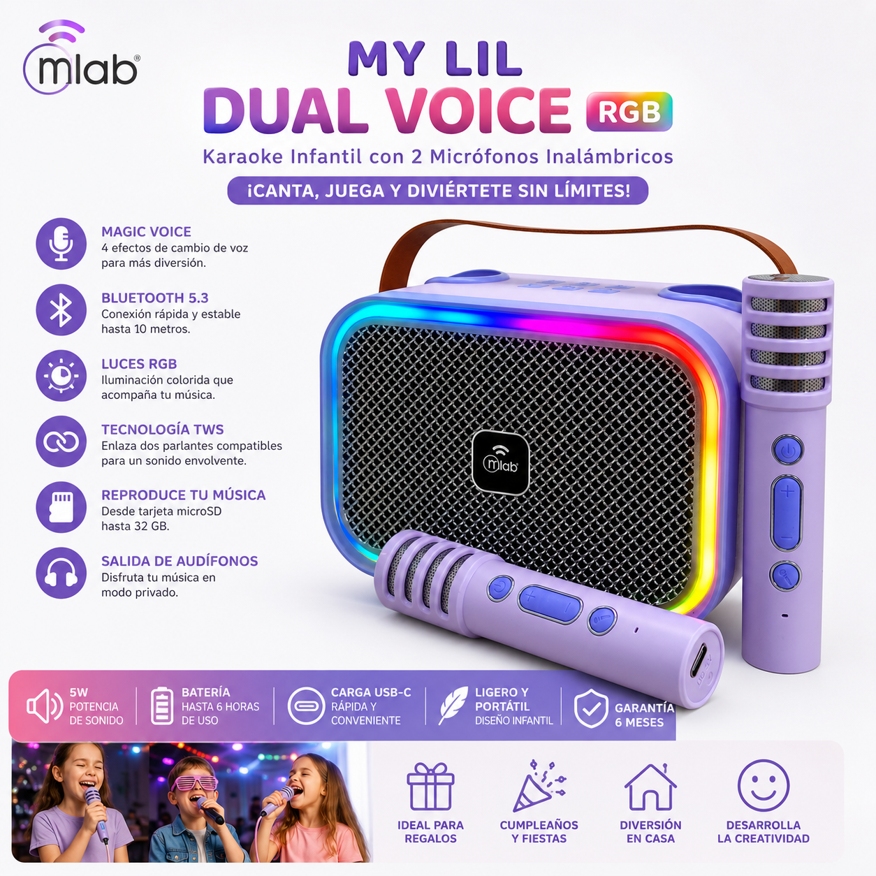 Karaoke Infantil RGB con 2 Micrófonos Inalámbricos Lila My Lil Dual Voice