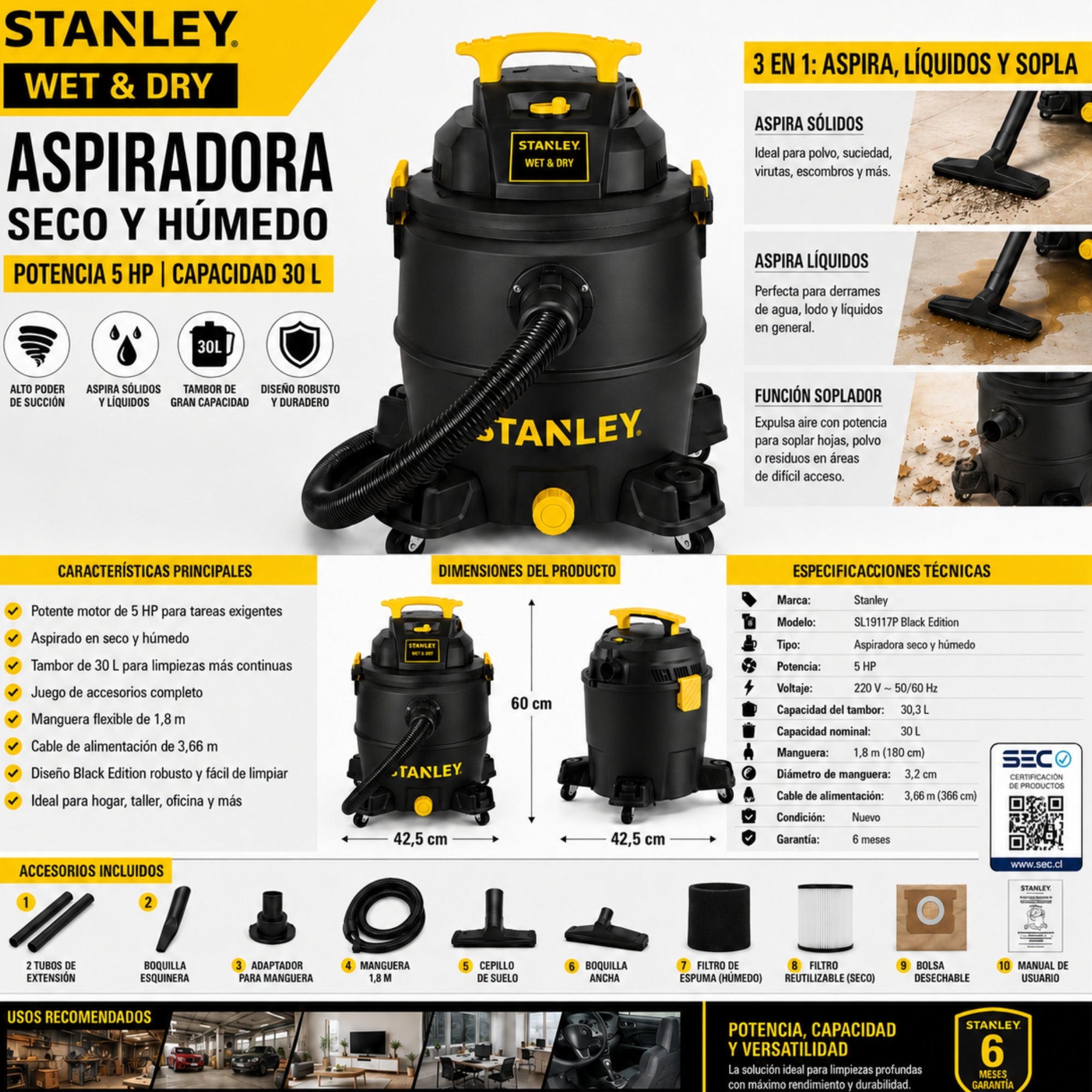 Aspiradora Stanley 5HP Función Seco & Húmedo 30L 19117 Black