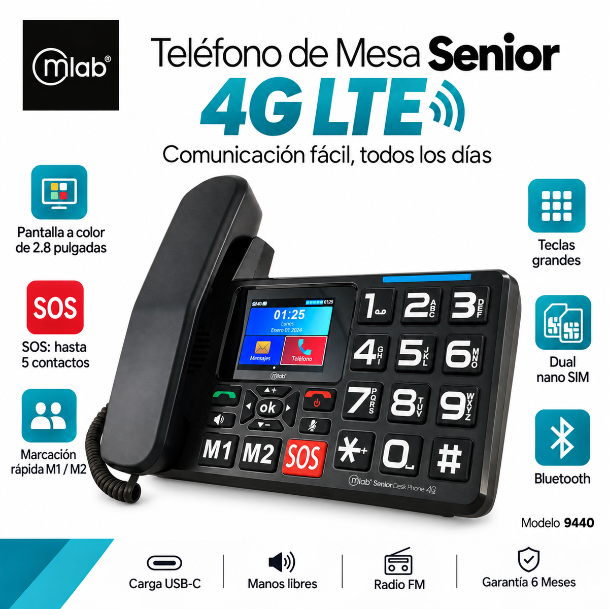 Teléfono Senior de Mesa 4G LTE con Pantalla y Botón S O S
