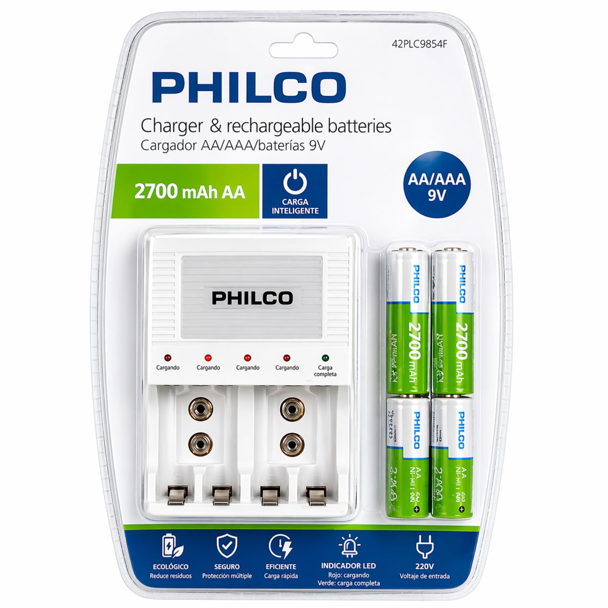 Cargador De Pilas + 4 Pilas AA 2700 mAh Pre Cargadas Philco
