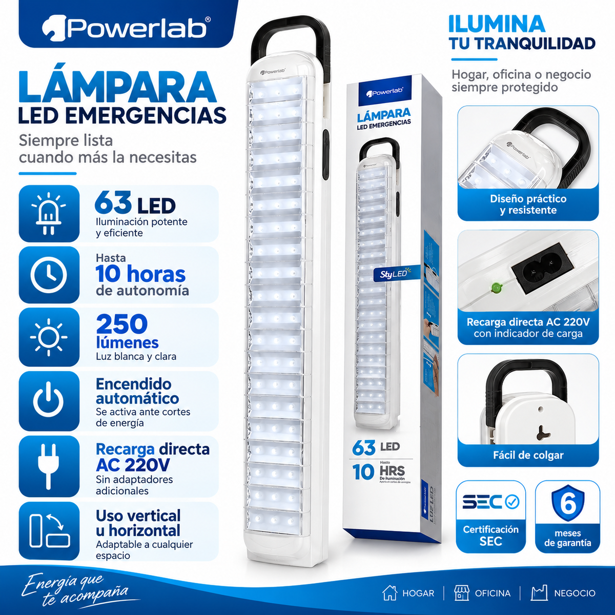 Lampara de Emergencia Recargable de 63 LED 10Hr de Autonomía