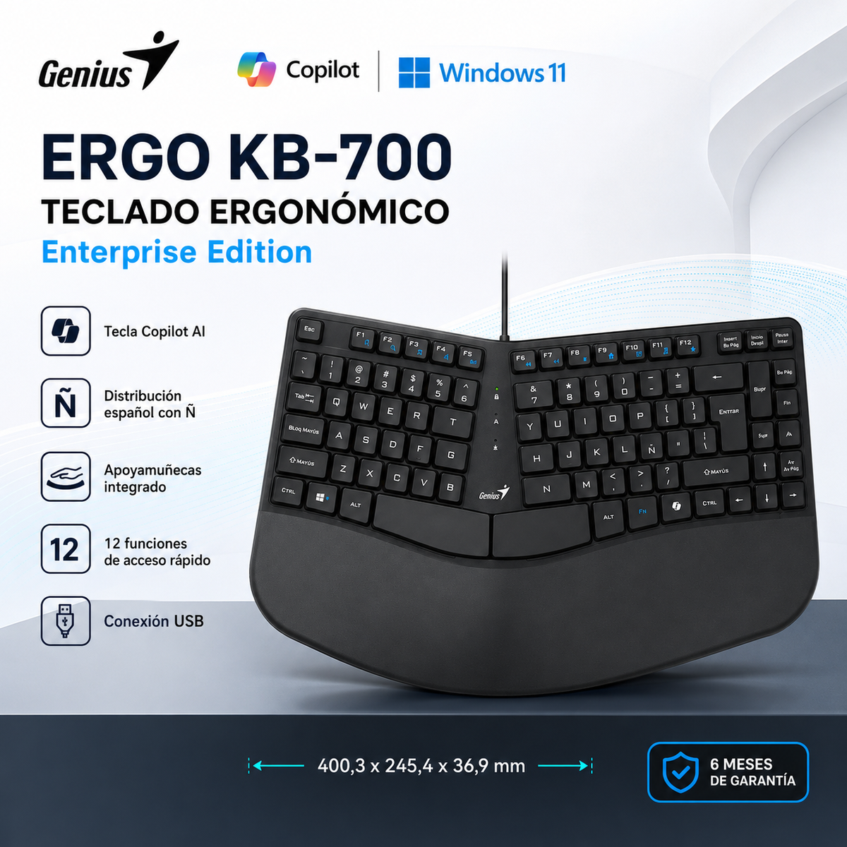Teclado Ergonómico con apoya Muñecas Enterprise Copilot AI