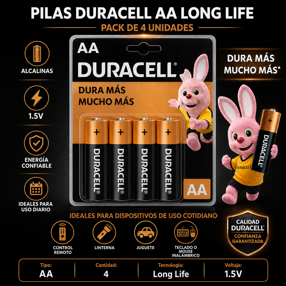 Pack de 4 Pilas Duracell AA Blister Long Life