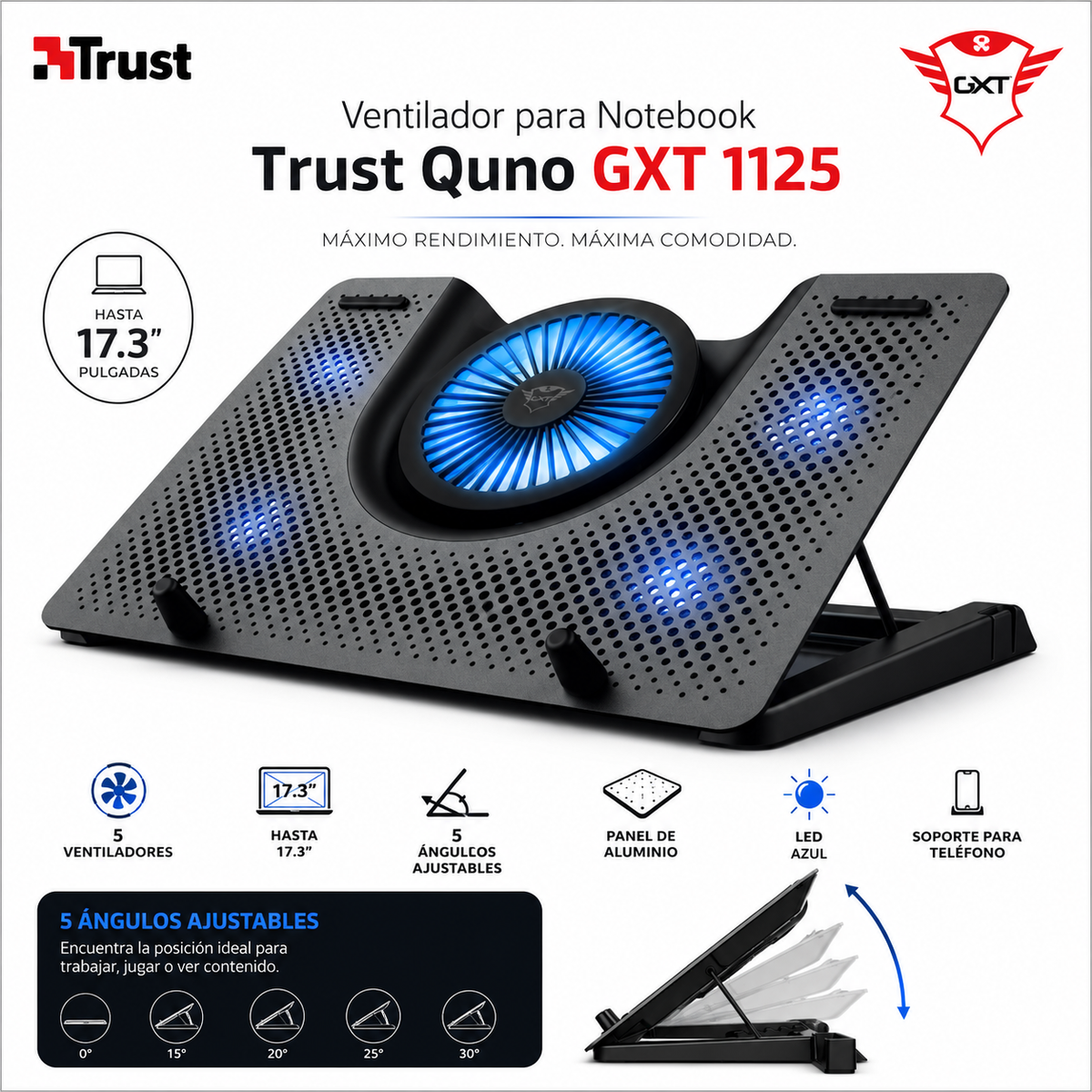Ventilador para Notebook Profesional 5FAN Trust Quno GXT1125