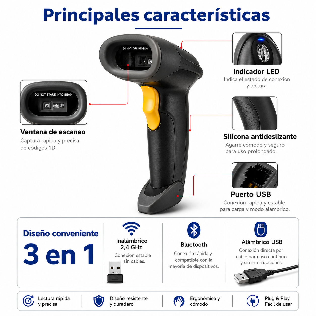 Lector de Códigos de Barra Bluetooth CCD IP54 Utek UT-BSCBT8