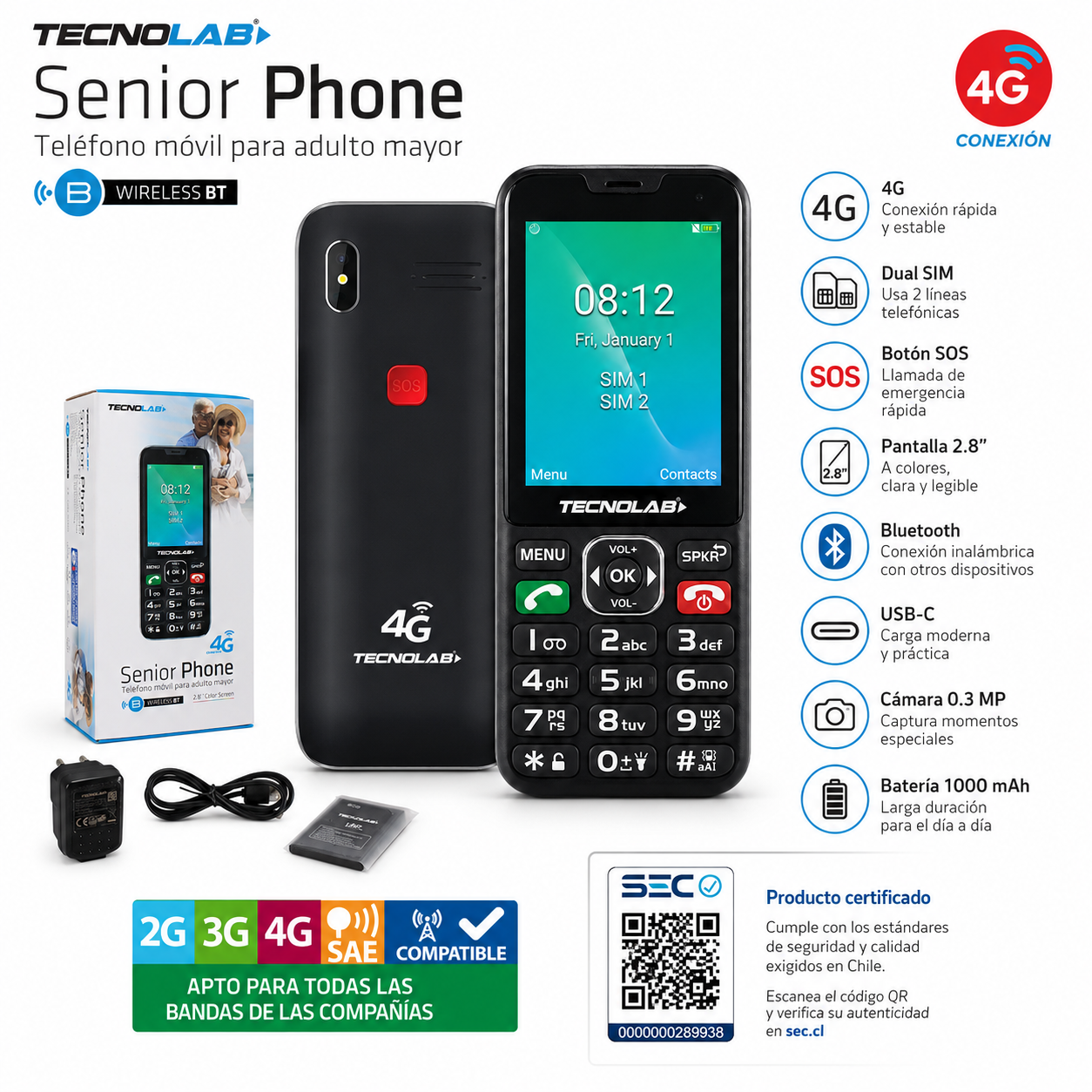 Teléfono Celular Senior Para Adulto Mayor Dual Sim 4G/ BT