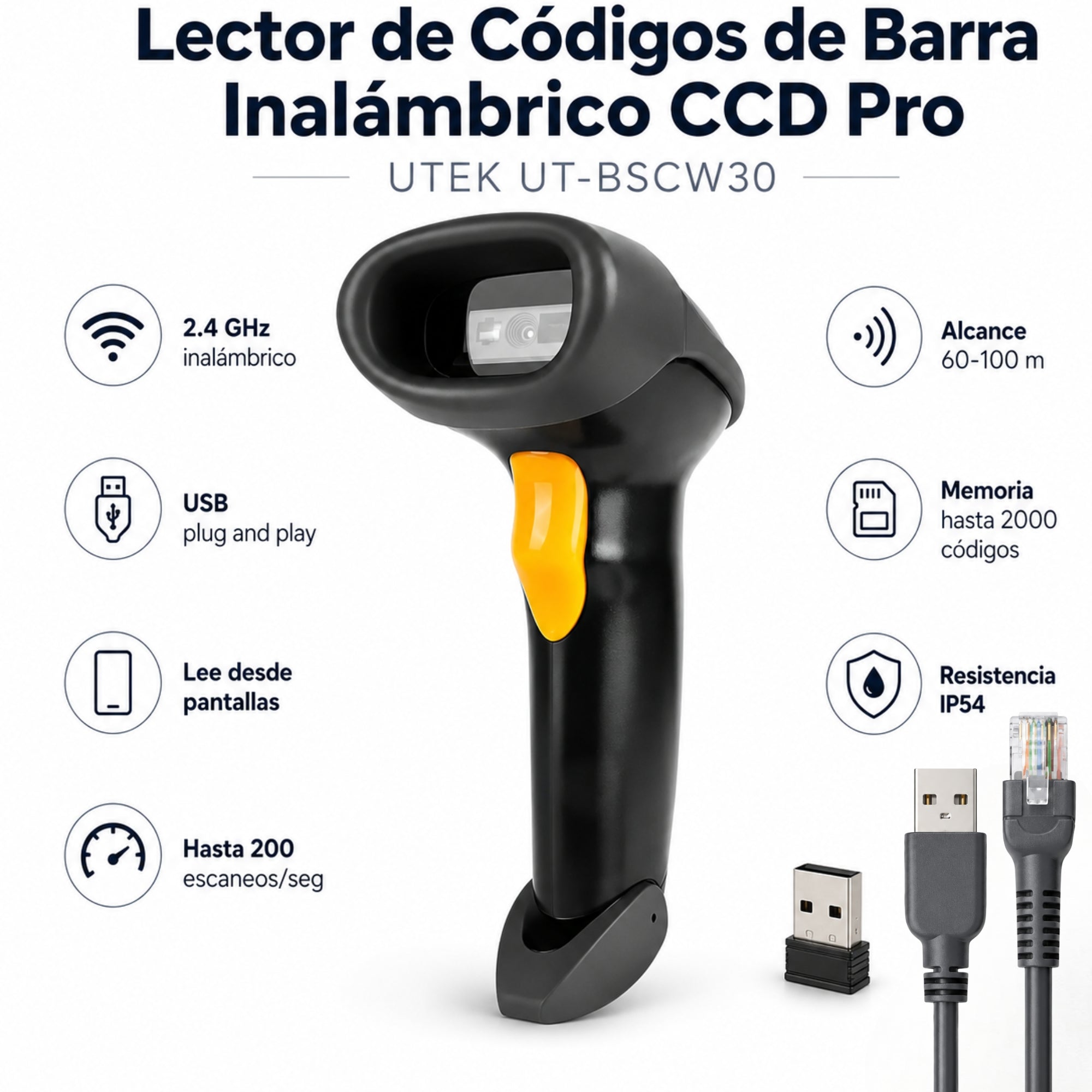 Lector de Códigos de Barra Inalámbrico CCD 2.4G Recargable