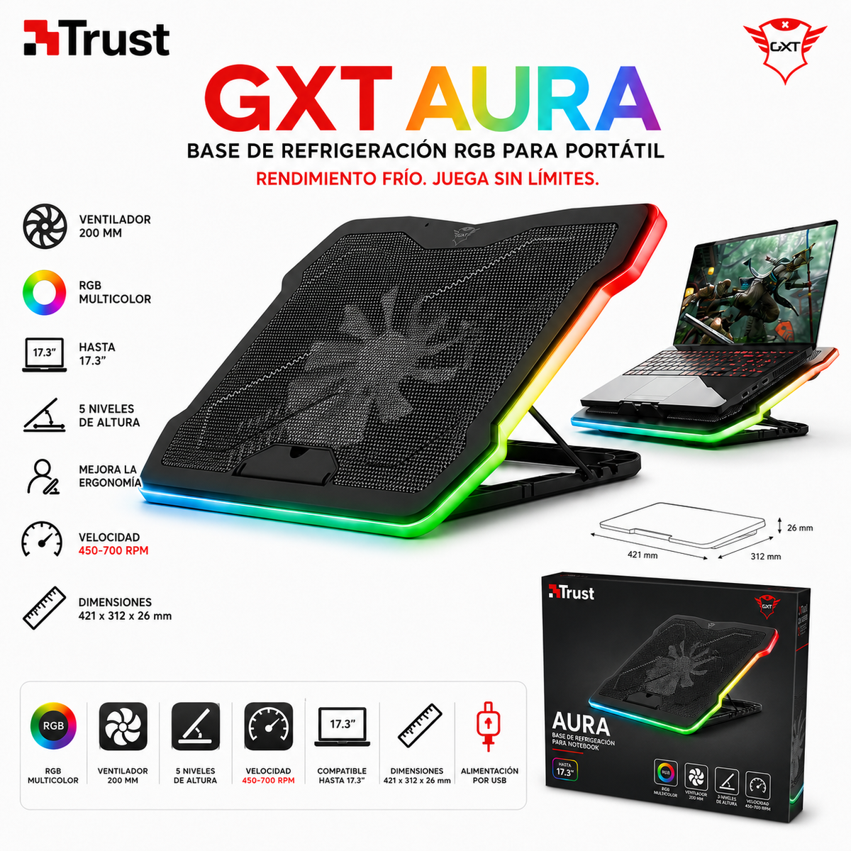 Ventilador para Notebook Trust GXT Aura RGB 17.3” Ajustable