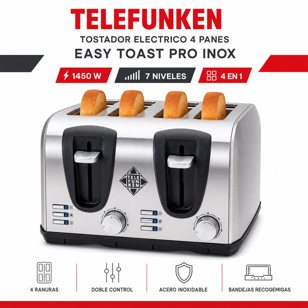 Tostador Eléctrico Doble  (4en1) Easy Toast Pro Inox 1450W