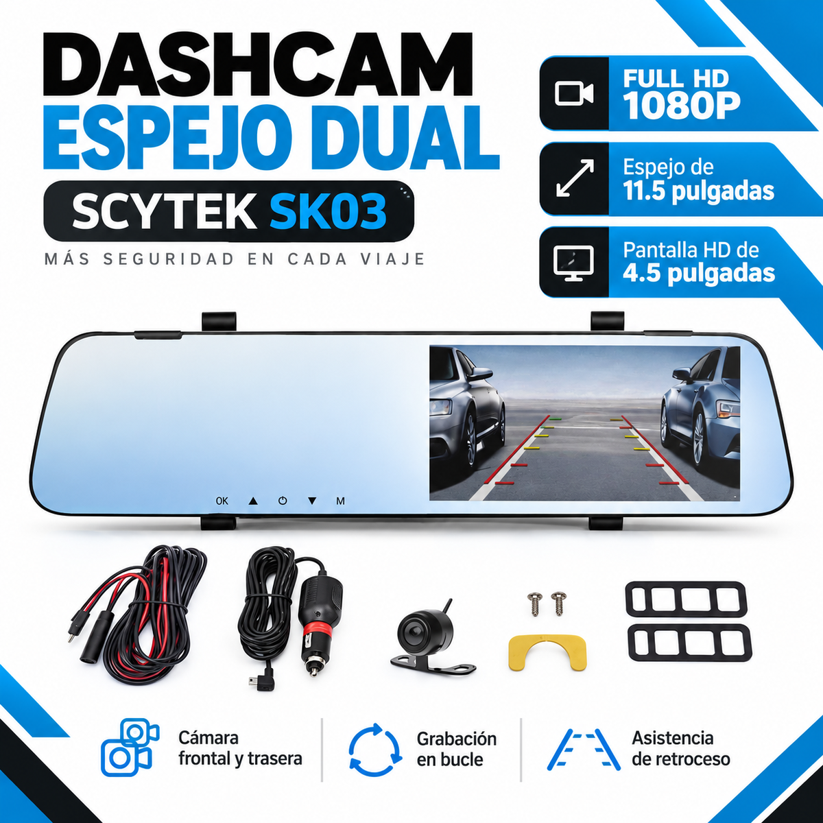 Dashcam Espejo Retrovisor Dual Cámara Frontal y Trasera FHD