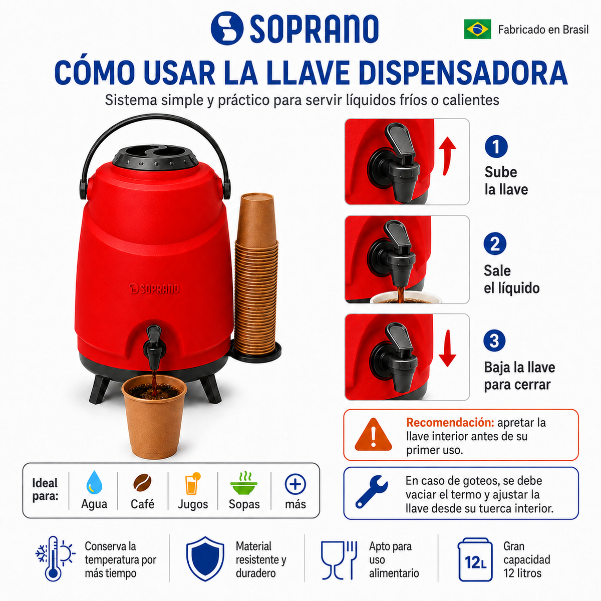 Maxi Termo 12 Litros Soprano Rojo para Agua Fria y Caliente