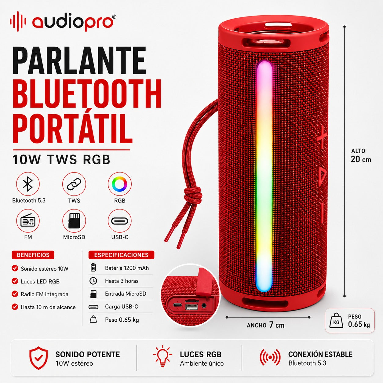 Parlante Portátil Bluetooth TWS Iluminación RGB  10W Rojo 12Hrs
