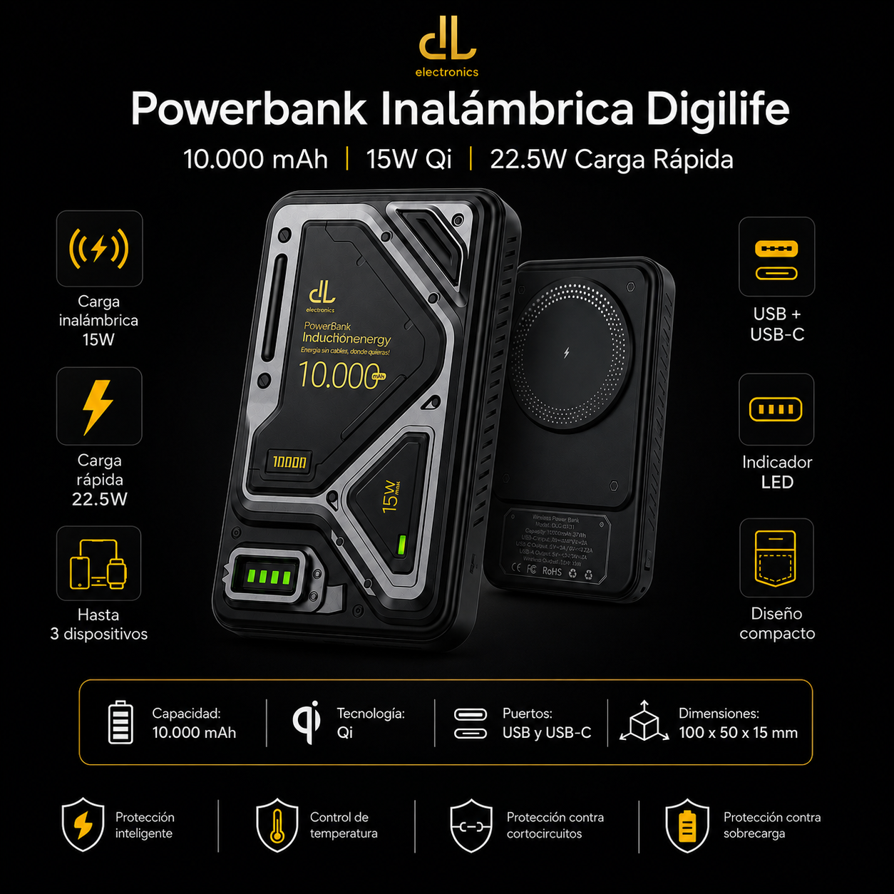 Powerbank de Carga Inalámbrica de Inducción 10A Carga Rápida
