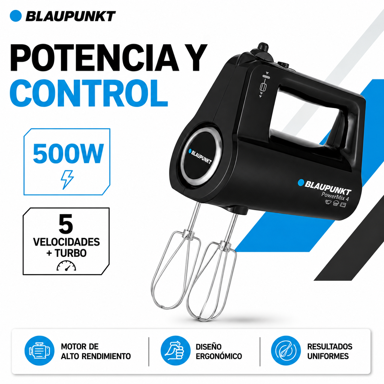 Batidora de Mano Power Mixer 500W de 5 Velocidades + Turbo