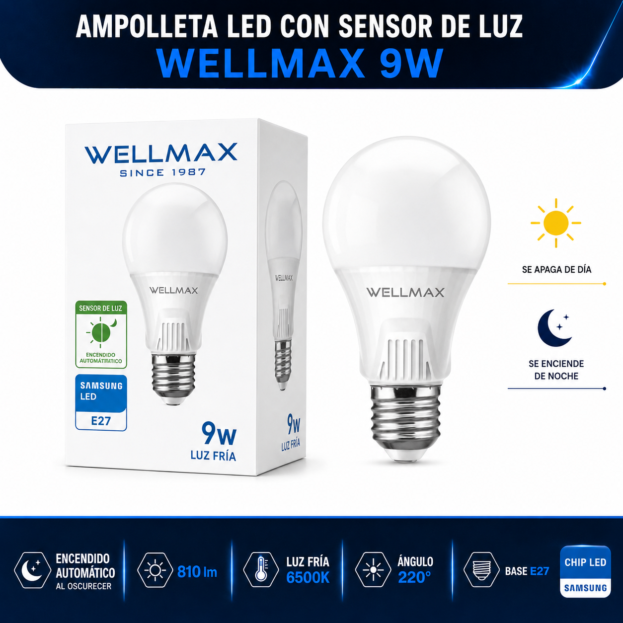 Ampolleta LED Samsung 9W con Sensor de Luz & Encendido Automático