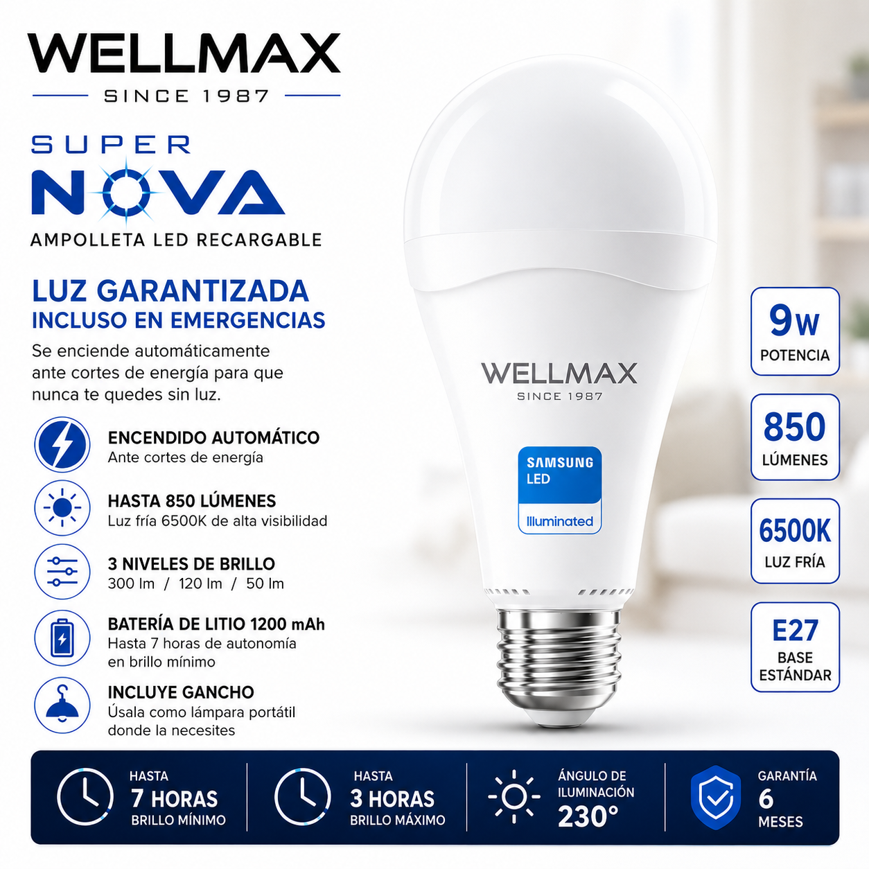Ampolleta LED Recargable de Emergencia Wellmax Super Nova 9W
