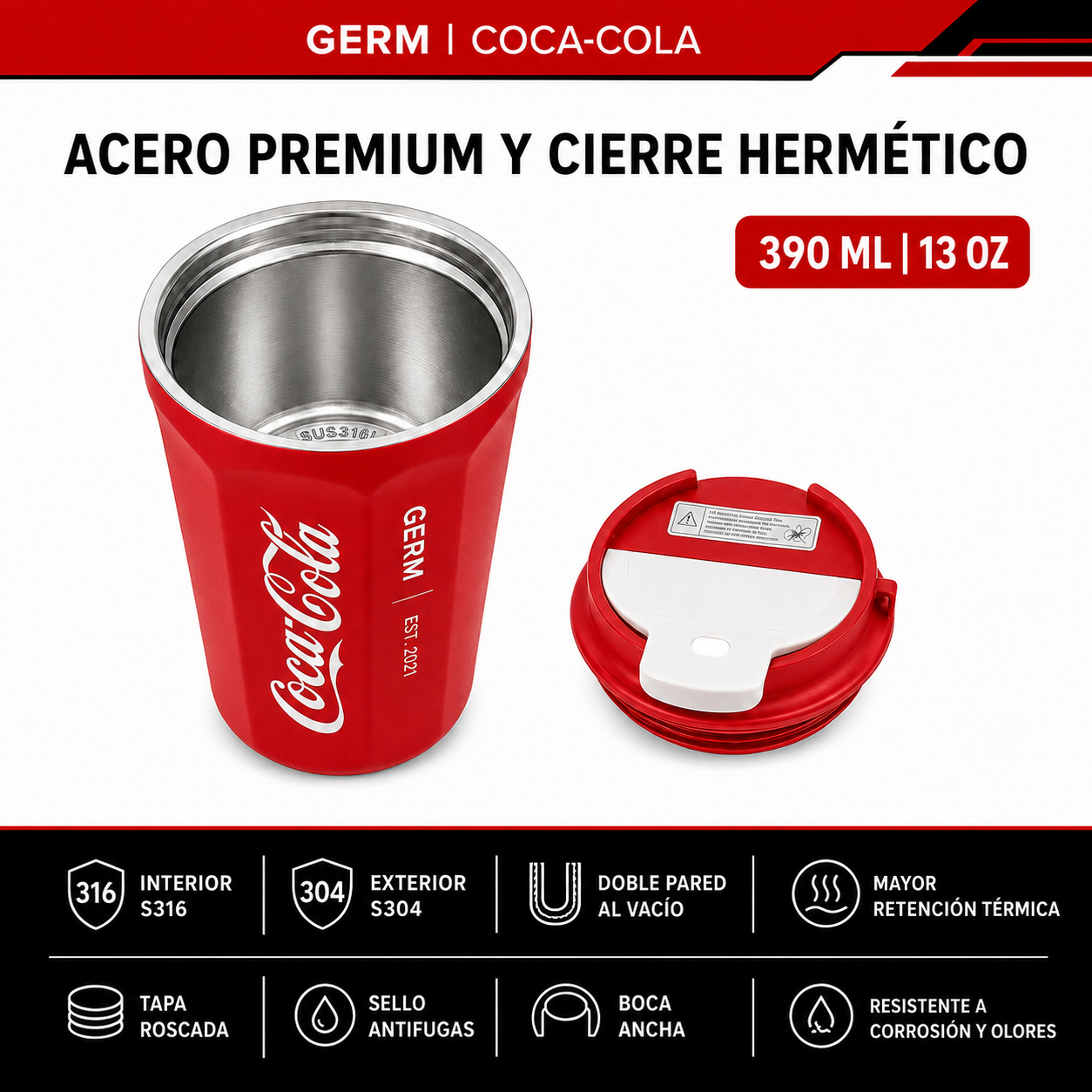 Vaso Termico MUG Germ Coca-Cola Acero Inoxidable 390ML Red