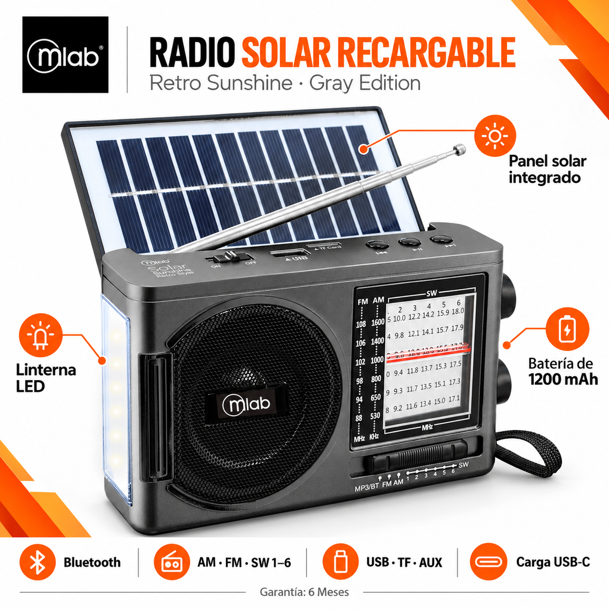 Radio Solar Recargable AM FM/ SW/ TF/ USB/ BT Retro Sunshine