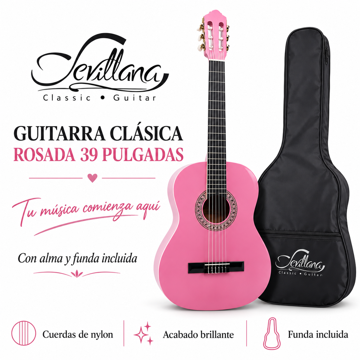 Guitarra Clásica Sevillana Rosada 39” Con Alma y Funda 8451