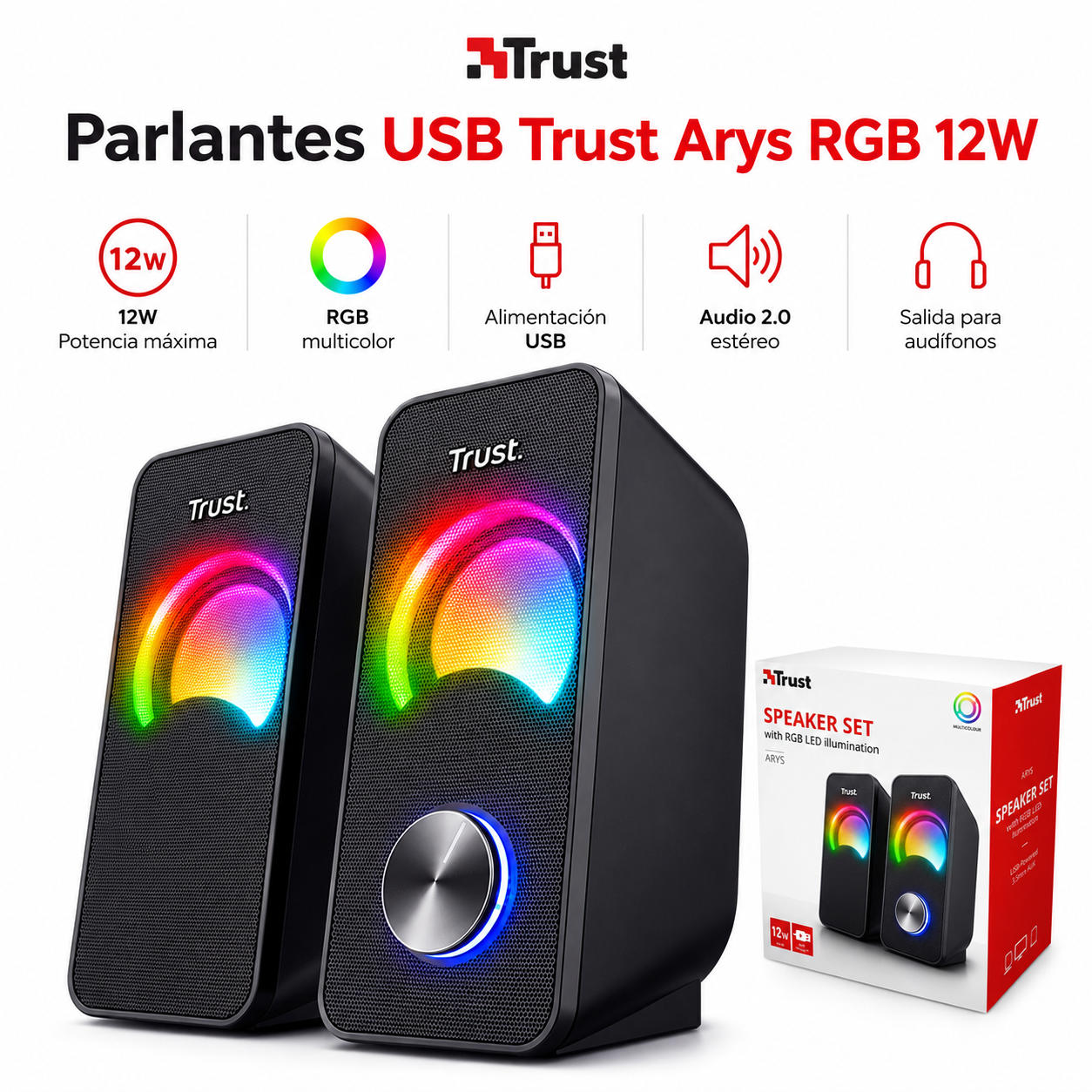 Parlantes USB con Luces RGB de 12W de Escritorio Trust Arys