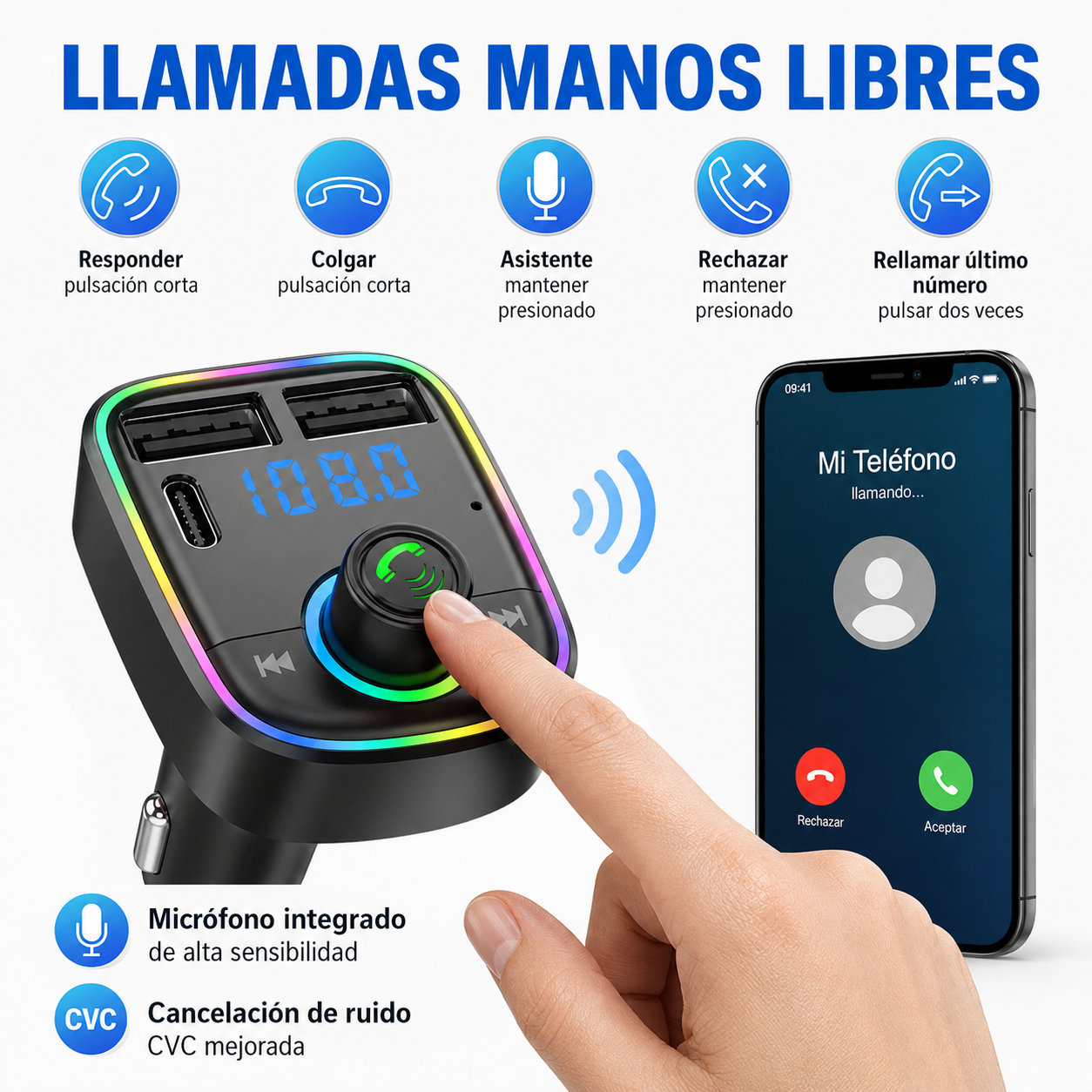 Transmisor FM Bluetooth + Puerto Quick Charge 20W 12/24V RGB
