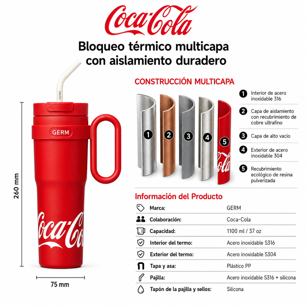 Vaso Térmico GERM Coca-Cola 1100ML RED Acero Inoxidable
