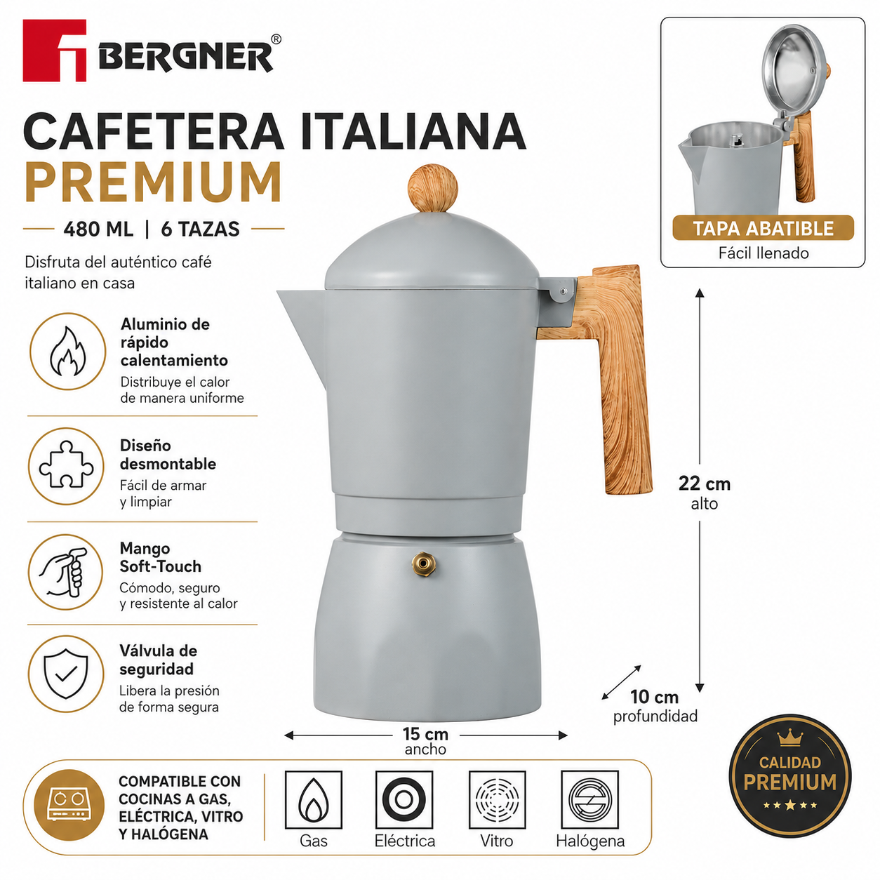 Cafetera Italiana Bergner Premium Desmontable 480ML