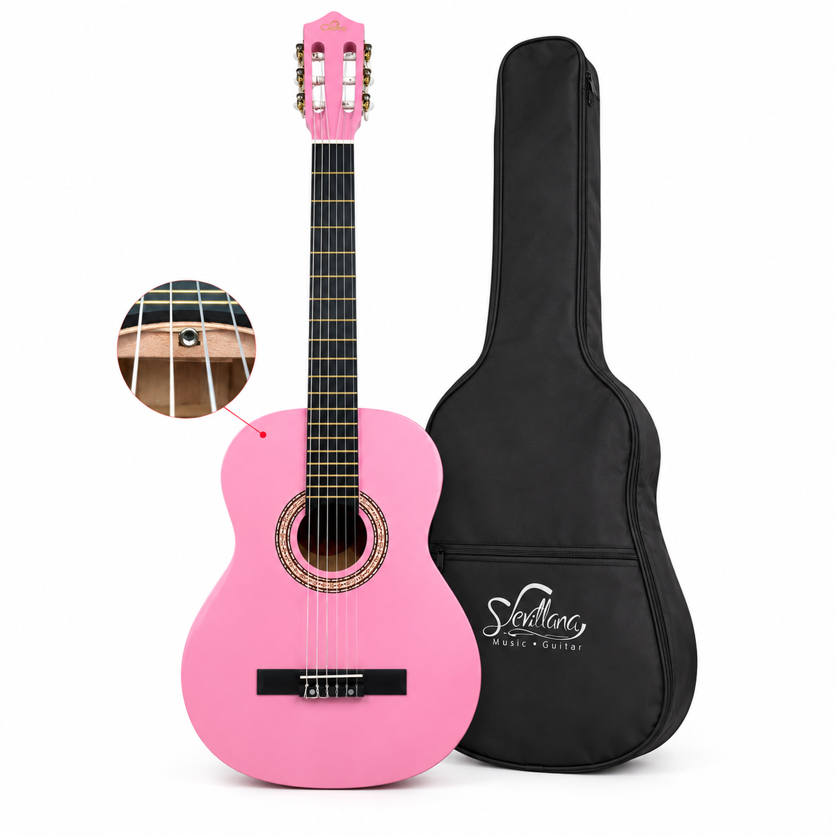 Guitarra Clásica Sevillana Rosada 39” Con Alma y Funda 8451