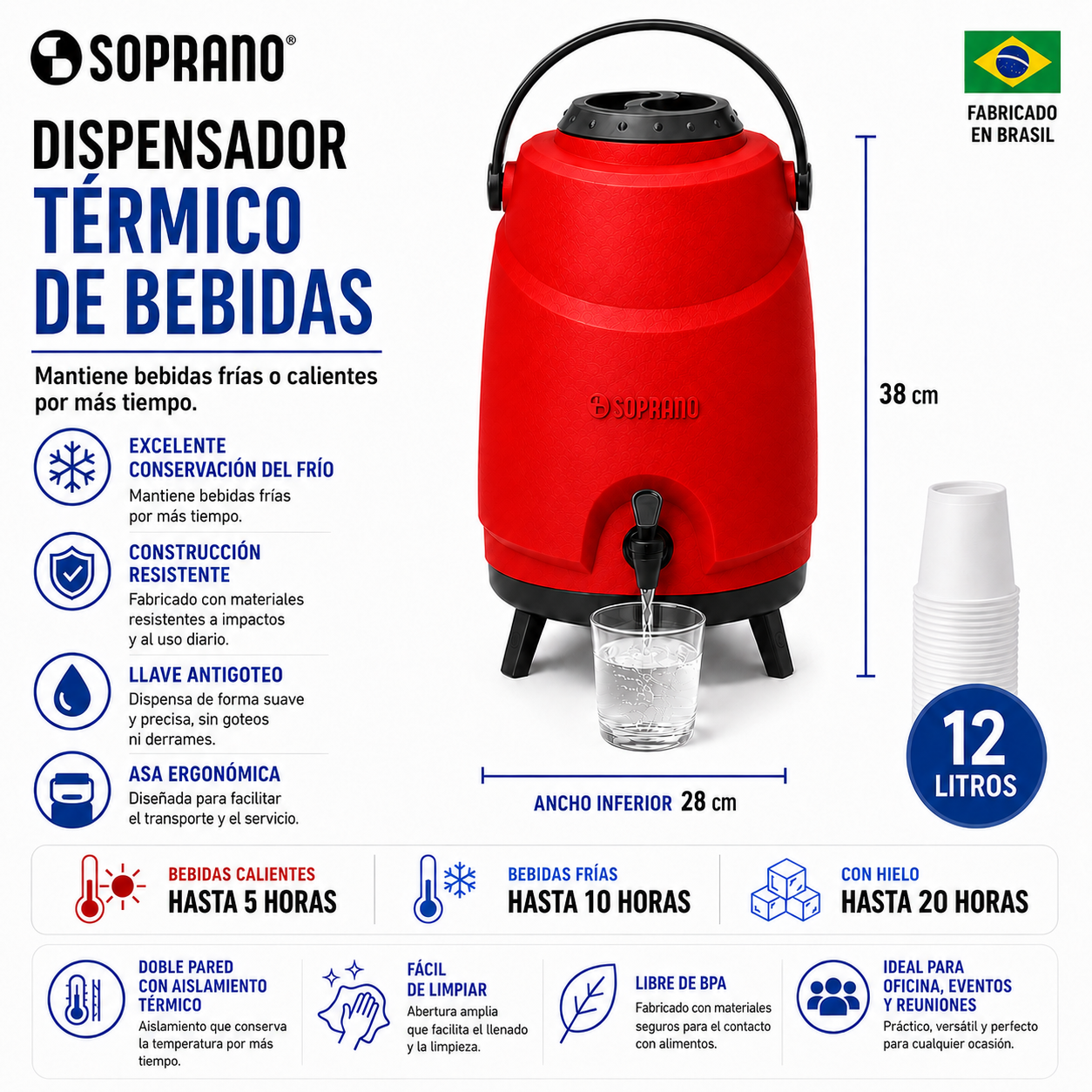 Maxi Termo 12 Litros Soprano Rojo para Agua Fria y Caliente