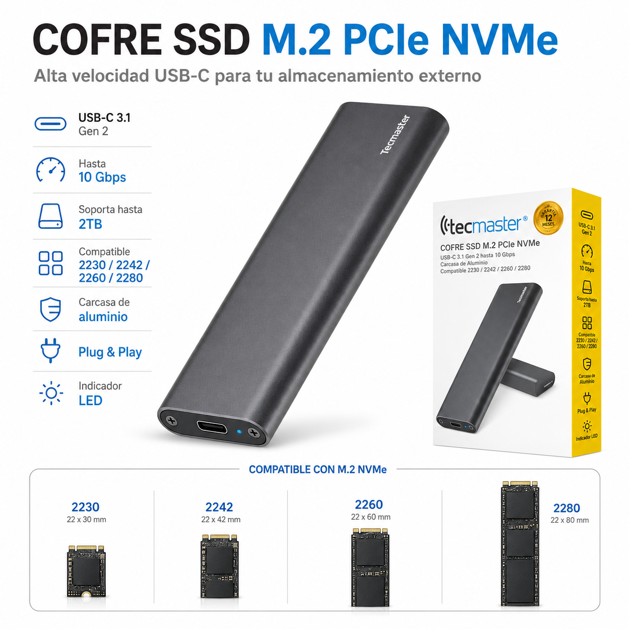 Cofre para Discos SSD M2 PCI-E NVME High Speed Case USB-C 2 TB Max