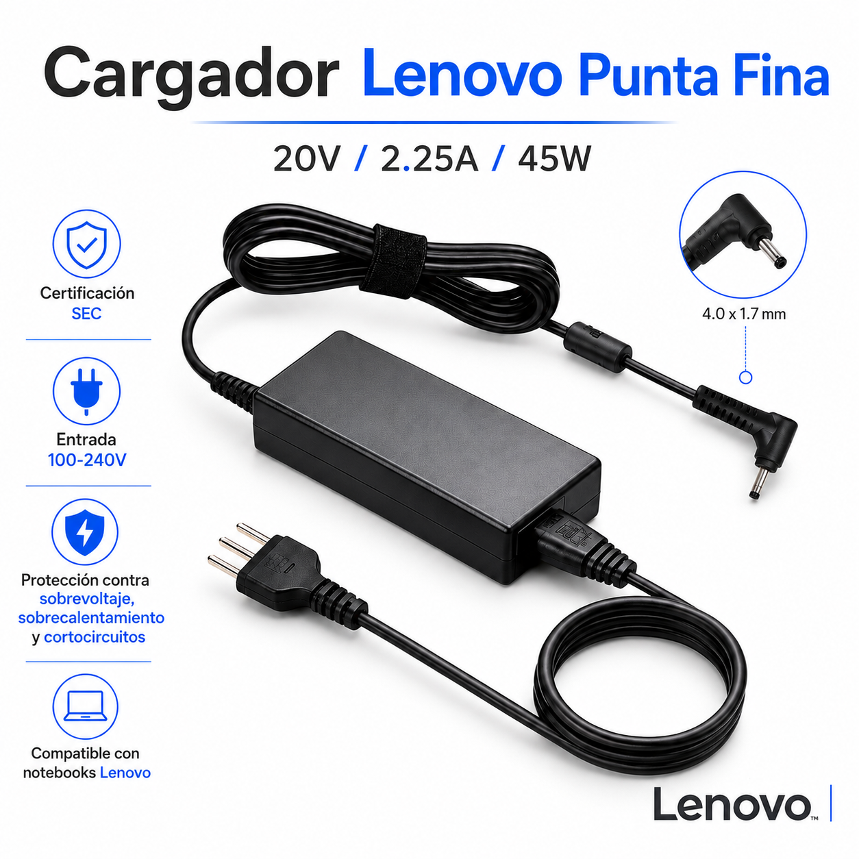 Cargador Notebook Para Lenovo Punta Fina 20V/2.25A/4.0*1.7MM SEC
