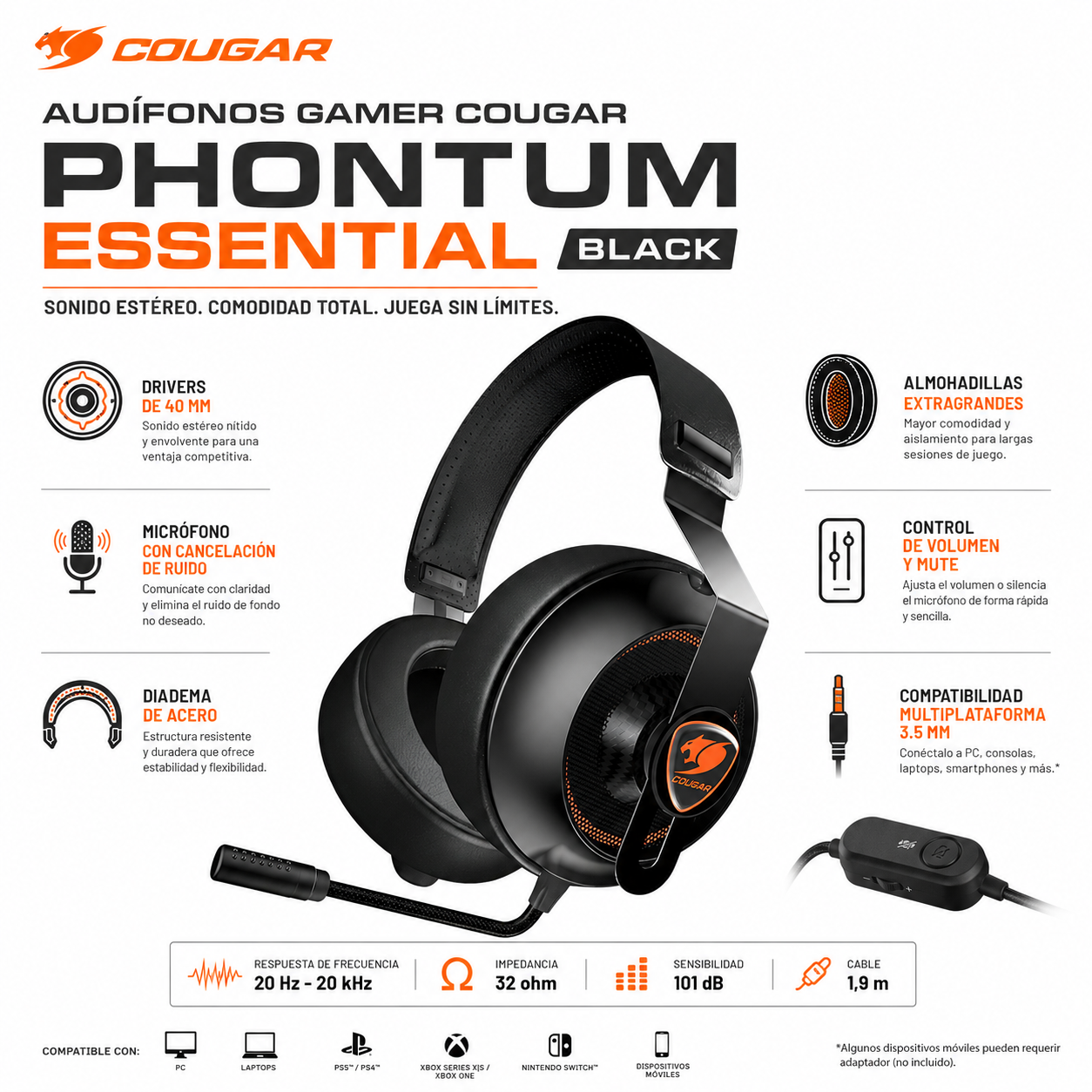 Audifonos Cougar Phontum Essential Black Multiplataformas